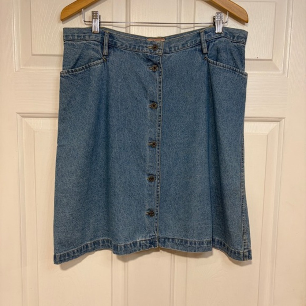 Vintage‎ 90s Kiko-mo Denim Jean Skirt L M Button Front Pockets Cotton Knee Loose